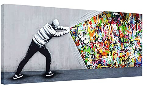 Wandbilder Banksy like Bilder - Künstler vor dem Vorhang - Wandbild auf Leinwand, hochwertige Streetart graffiti Kunstdruck I Wanddekoration XXl fertig zum Aufhängen (140x70 cm)
