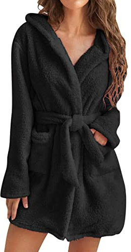 shownicer Kurz Bademantel Damen Flauschig Morgenmantel mit Kapuze Hausmantel Frotteemantel Leichter Weicher Plüsch Nachthemd Nachtwäsche Bathrobe Geschenk für Frauen A Schwarz XS