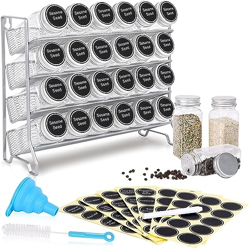 Mutool 4 Tier Spice rack Free standing Metal Kitchen Shelf,Plastic Spice Bottle Jars Storage Tidy Condiment holder for Countertop Cabinet, with 24 Spice jars,80 labels,1 pen,1 funnel(Silver grey)