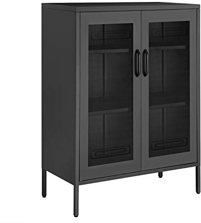 SONGMICS Mehrzweckschrank mit Gittertüren, Aktenschrank, Aufbewahrungsschrank, Schrank mit 3 Ebenen, pro Einlegeboden bis 25 kg belastbar, für Küche, Flur, Wohnzimmer, schwarz OMC002B01