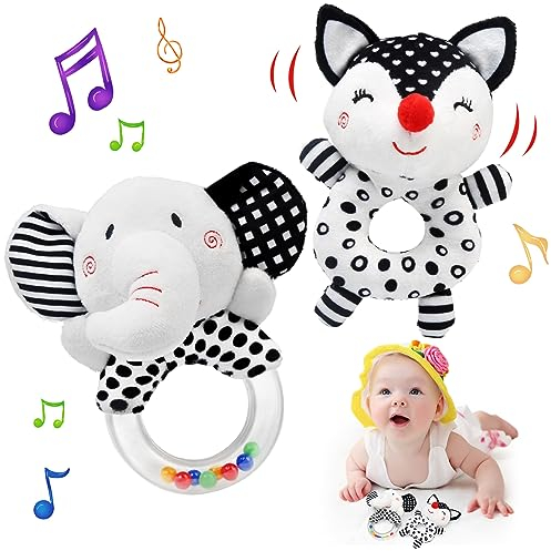 JoyLife Schwarz und Weiß Spielzeug für 0 3 6 9 12 Monate, Greifling zum Rasseln Quietschen Fühlen Spielen, ein treuer Begleiter für Babys und Kleinkinder, Rassel Hantel Babyspielzeug Geschenk
