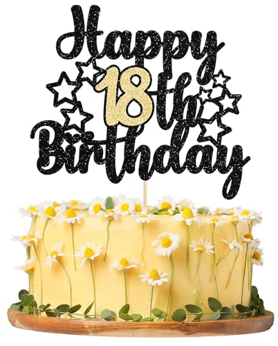 Gyufise 1Pc Happy 18th Birthday Cake Topper Happy 18 Birthday Cake Decoration for 18 & Fabulous Birthday Hello 18 Party Anniversary Party Cake Decorations Supplies Black Gold Glitter