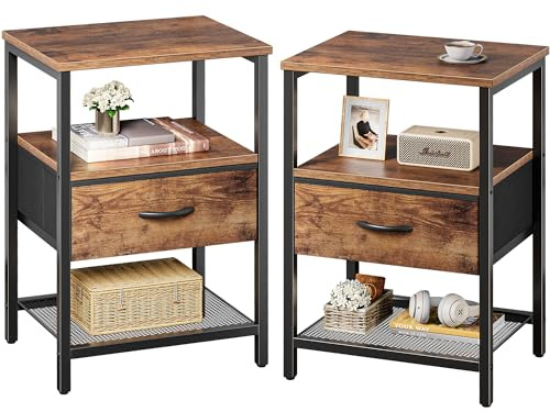 Huuger Nightstand Set of 2, Night Stand with Fabric Drawer, Mesh Shelf, Side Table with Storage, Fabric Drawer Dresser, Open Shelf, Metal Frame, Bedroom, Rustic Brown