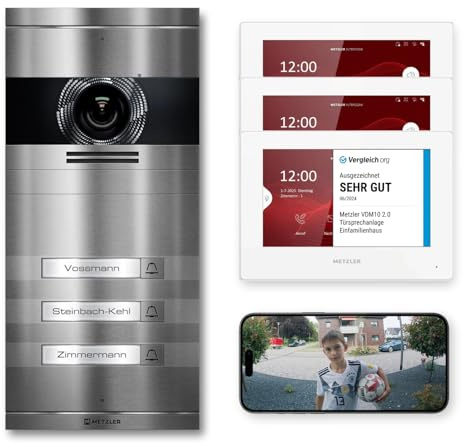 Metzler VDM10 Kit complet d'interphone vidéo 2.0 avec plaque nominative interchangeable – Connexion LAN/POE – Interphone de porte avec caméra HD et écran pour 3 maisons familiales, en acier inoxydable
