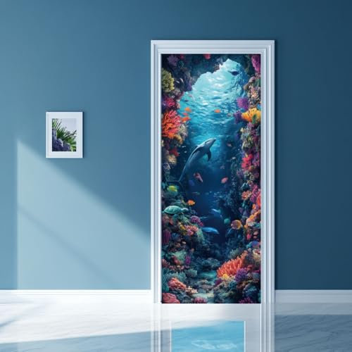arricraft 2 Pcs Self-Adhesive Door Sticker, 80cmx200cm/31.5x78.7 Sea Creature Door Murals Stickers Dolphins PVC Door Removable Wallpaper Decoration for Bedrooms ​Living Room