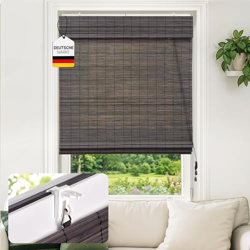 Victoria M. Klemmfix - Tenda a rullo in bambù, protezione solare, protezione della privacy, tenda a rullo a tiraggio laterale senza foratura, per finestre e porte, 80 x 130 cm, marrone scuro