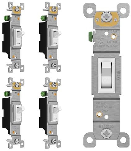 ENERLITES Toggle Light Switch, Single Pole, 15A 120-277V, Grounding Screw, Residential Grade, UL Listed, 88115-W-5PCS, White (5 Pack)