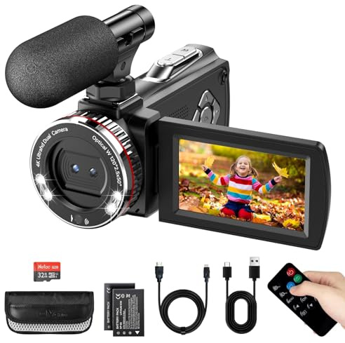 Videokamera Camcorder 4K 48MP 21X Digital Zoom 3 270° Flip-Screen Vlogging Kamera für YouTube TikTok, Video Camera mit Externes Mikrofon, Fernbedienung, HDMI-Kabel, 2 Batterien, 32GB (HDV900PRO)