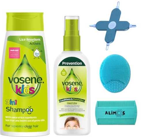 Vosene Kids Shampooing anti-poux 3 en 1 250 ml et défense revitalisante 150 ml avec brosse de massage Alimos et peigne à lentes et outil de nettoyage 4 en 1