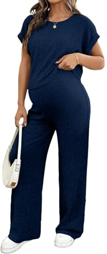 BLENCOT Maternity Clothes for Women Summer Ribbed Knit 2 Piece Pajamas Sets Lounge Sets Casual Short Sleeve Top and Long Pants Navy Blue M