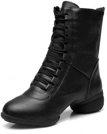 sekiueo Stivali Ballo Jazz da Donna Stivaletti Moderni da Ballo da Sala in Pelle con Punta Chiusa Allacciatura Suola Divisa Tacco Basso Scarpe da Ballo Latino,Nero,35 EU