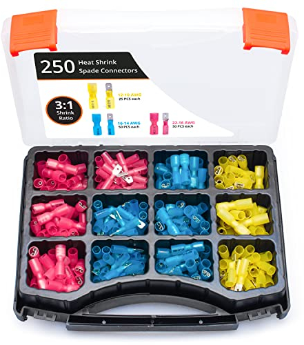 Wirefy Schrumpfverbinder Flachstecker Isoliert mit Flachsteckhülsen im Set - Kabelschuhe Flachstecker Sortiment - Quetschverbinder Kfz - 0,5-6 mm² - 250 Stück