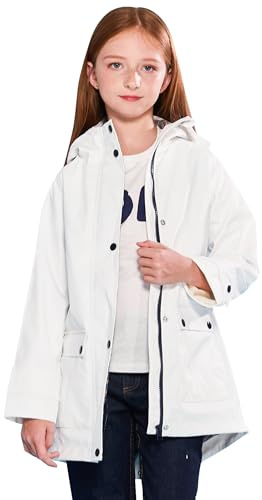 SOLOCOTE Veste de pluie pour enfants avec capuche imperméable et coupe-vent sac à dos en caoutchouc doublé pour filles et garçons blanc 11-12 ans