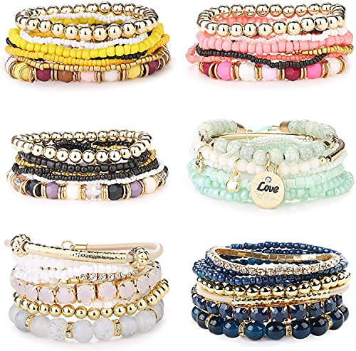 LOLIAS 6 Sets Bohemian Stackable Bead Armbänder Stretch-Armband Coil-Armband für Damen Mehrschichtiges Armband Armreifen Set Mode Perlen Schmuck