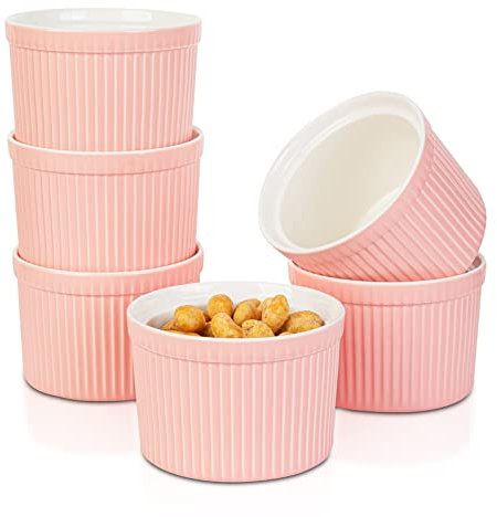 240ml Soufflé Förmchen Porzellan, Candiicap 6er Set Auflaufform zum Backen, Pudding, Crème Brûlée, Puddingbecher, Dip zum Servieren, Ofen-, Mikrowellen- und Spülmaschinenfest (240ml,Matt Rosa)