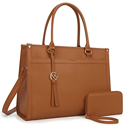 Missnine Handtasche Damen Laptoptasche 15,6 Zoll Shopper Groß Henkeltasche Aktentasche Damen Leder Schultertasche Businesstasche 2-teiliges Set, Braun