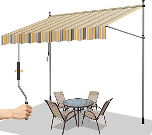 Gimisgu Klemmmarkise, 250x120cm mit Handkurbel Balkon, Balkonmarkise ohne Bohren, Höhenverstellbar Markisen,UV-beständig, Sonnenschutz Wasserdicht, Einziehbar, Einfache Montage, Gelb Blau