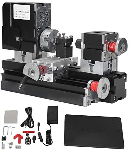 Mini Metal Lathe Machine, 12VDC 60W 12000RPM High Power Micro Lathe with Drill Chuck for Woodworking and Soft Metal Processing