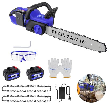 Motosega elettrica senza fili da 16 pollici, kit di motoseghe Brushless con sistema di autooliamento, 2 x 4000 mAh ricaricabili batterie e 2 catene, occhiali e guanti