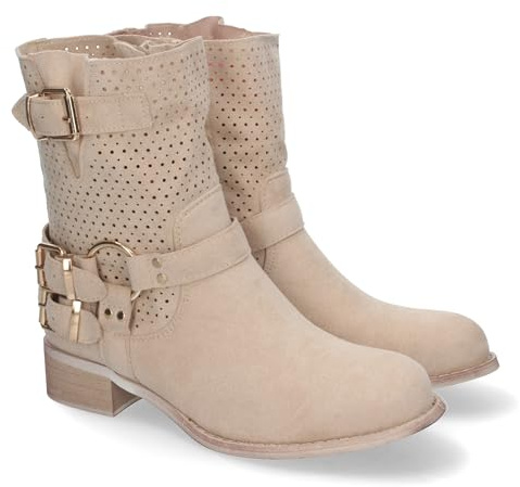 82467-Botines de Mujer con Tacon Bajo y Adornos de Hebillas, Estilo Casual, Cana Calada, Cremallera Lateral, Punta Redonda, Toda Ocasion. Talla 36 Beige