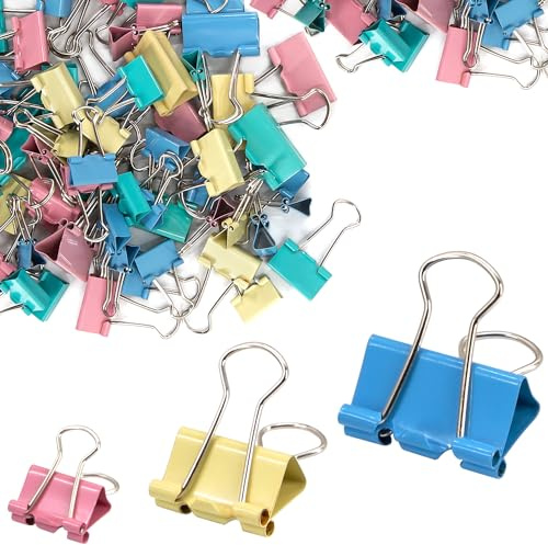 72Pcs Bulldog Clips, 15mm 19mm 25mm Assorted Size Paper Clips, Colored Metal Foldback Clips for Office School Home Kitchen Shops