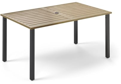 MFSTUDIO 152 x 92 x 73 cm Gartentisch, Balkontisch Wetterfest Metallplatte in Teakholzfarbe, Rostfreier Metallrahmen, Verstellbarer Durchmesser des Schirmlochs (4–5 cm)