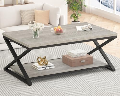 HSH Coffee Table with Storage, Farmhouse Grey Living Room Table Center Table, Industrial Wood and Metal Rectangle Coffee Tables, Simple Rustic 2 Tie Cocktail Tea Table for Home Office Bedroom, 47 Inch
