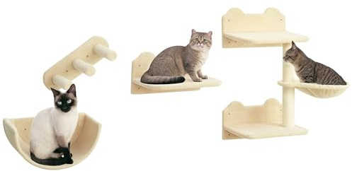 PawHut Kletterwand Katzen 4-teilig Katzen Kletterwand Set mit Kaztentreppe, Katzenbrücke, Hängematte, Kratzbaum mit Sprungplatt, 7 in 1 Wandkratzbaum, Wand Katzenmöbel, Beige