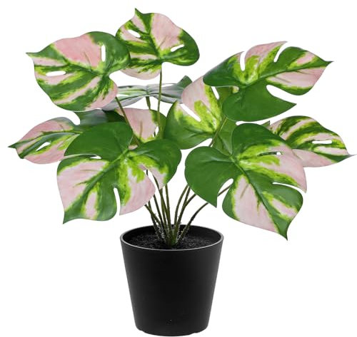 Hollyone 12’’ Artificial Plant Fake Monstera Plant in Pot, Pink Variegated Faux Plant with Black Pot, Tropical Small Greenery for Home Decor, Office Desk, Shelf, Windowsill, Bathroom Decorations