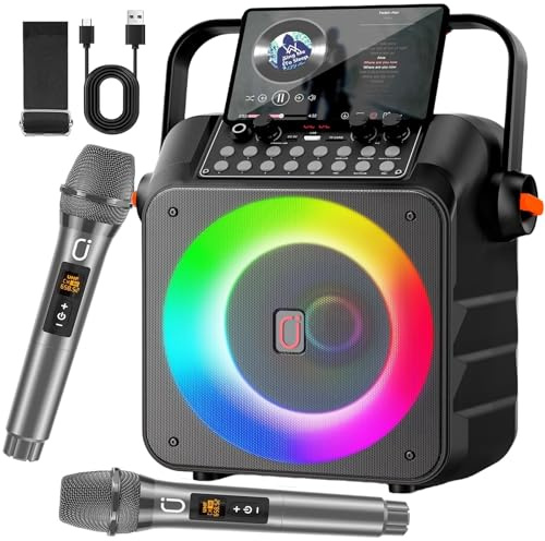 HWWR Karaoke Profesional Inalámbricos, Máquina de Karaoke Portátil con Micrófonos Inalámbricos para Adultos y Niños, Luces LED,USB/T