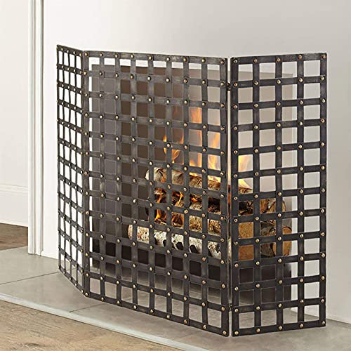 Parascintille Protezione per camino Grande schermo piatto per camino Nero per interni ed esterni, griglia parascintille pieghevole in ferro battuto a 3 pannelli con rivetti, altezza 33,5 pollici Il nu