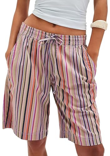 MISSACTIVER Women Stripe Bermuda Shorts Knee-Length Drawstring Elastic Waist Wide Leg Baggy Shorts with Pockets Pink