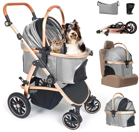 Neatki 3 in 1 Pet Stroller - Stroller for Small to Medium Dogs and Cats up to 50 lbs, with Detachable Carrier/Car Seat, Foldable and Lightweight, Detachable Cushion + Cup Holder (Gray)