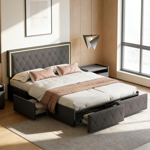 BRILVERDE Polsterbett 160x200 mit LED, Doppelbett mit Verstellbares Kopfteil, Stauraumbett mit 4 Schubladen, Jugendbett Bettgestell mit Lattenrost, für Erwachsene, PU (Schwarz, 160 x 200 cm)