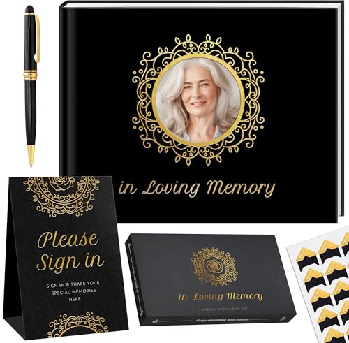 cheleoncito Funeral Guest Book – Black Memorial Guest Book for Funeral, “in Loving Memory” Gold Foil Sign in Book, Photo Slot Cover, 120 Pages, Pen & Stand Included