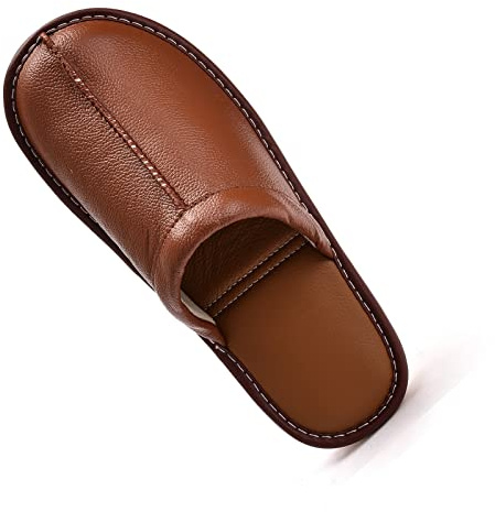 Men’s Genuine Cowhide Leather Slippers, Breathable Leather Soft Smooth Sole Bedroom Flat Shoes House Slippers Indoor Outdoor (LightBrown, 11-12, Adult, Men, 11, Numeric, US Footwear Size System, Medium)