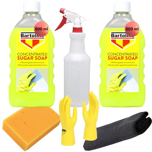 Sugar Soap Concentrate Bundle – 2×500ml Wall Cleaner for Pre Painting | Degreaser for Walls Tiles & Kitchen | Includes Spray Bottle Sponge Cloth Gloves
