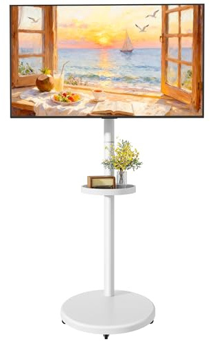 ECOTINY Rolling TV Stand with Wheels for 17–43 Inch TVs up to 15KG, White | Height Adjustable Mobile TV Cart with Shelf, Portrait to Landscape, Max VESA 200x200mm