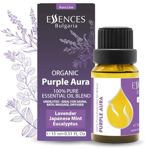 Mezcla de aceites esenciales orgánicos Essences Bulgaria Purple Aura 15 ml | Lavanda, menta japonesa, eucalipto | Aromaterapia, sauna y spa | 100% puro y natural | Sin diluir