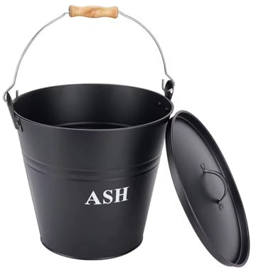 Optiproducts® Metal ASH Bucket with Lid Wooden Grip Metal carry handle Coated Ideal for Fireplace Log Coal COAL Firewood Burner Ash Scuttle Storage with FREE RED LEATHER GLOVES.12L BUCKET BLACK.