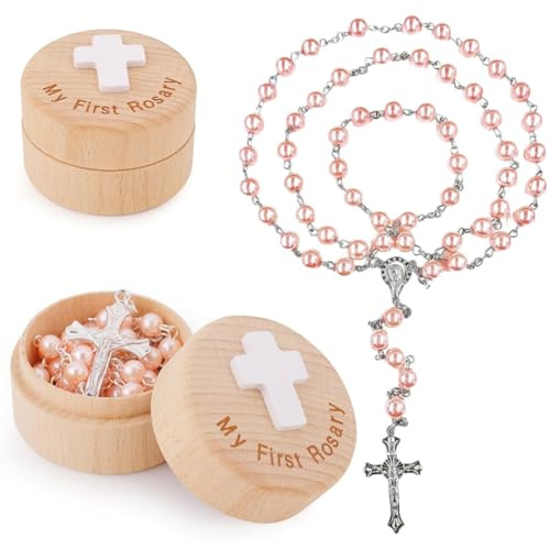 JynkChrenzic Rosary Bead Cross Necklace with Keepsake Box, Baptism & Christening Gift for Baby, Girls & Boys | First Holy Communion Gift | Catholic Prayer Beads Necklace in Box