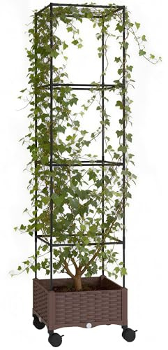 Outsunny Jardinera con Enrejado Ajustable, Jardinera Exterior con Ruedas Bloqueables para Plantas Trepadoras con Ofricios de Drenaje, Macetero Elevado para Jardín, Patio, Terraza, 40x40x165 cm, Marrón