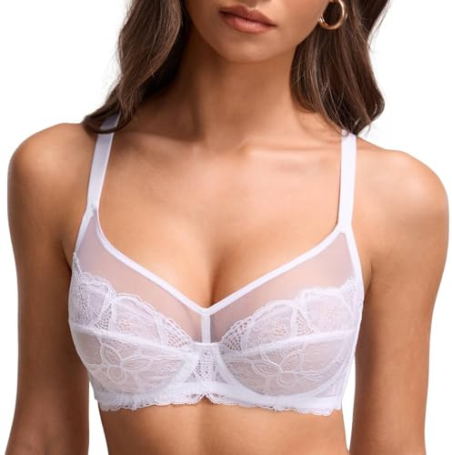 DOBREVA Women's Lace Full Coverage Minimiser Bra | Unlined, Underwire, See Through, Sheer, Plus Size