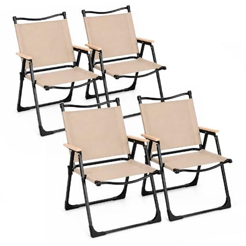 TIENDA EURASIA – Silla Plegable Camping | Pack 4 Uds | 47x53x76 cm | Estructura Metálica | Tejido Oxford Resistente | Portátil y Ligera | Reposabrazos de Madera | Ideal para Camping y Exterior (Beige)