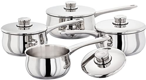 Stellar Classic Set of 4 Stainless Steel Pans 14cm, 16cm, 18cm & 20cm Saucepans with Lids in Classic Domus Shape, Oven-Safe, Induction Ready