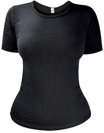 HEAT HOLDERS - Ladies Winter Warm Cotton Thermal Underwear Short Sleeve T Shirt Vest (12-14, Black)