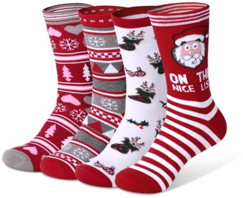 GEKMOR 4 Paar Weihnachtssocken, Warme Wintersocken Christmas Socks Damen Weihnachtsbaum Weihnachtsmann Socken Bunte Kuschelsocken für Weihnachtsfeie Geschenk