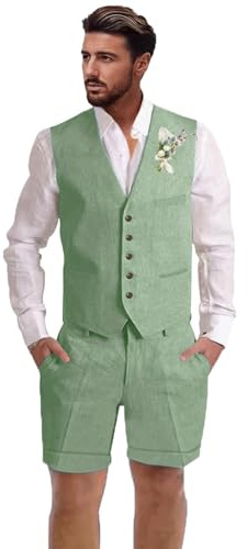 Dsteng Costume 2 pièces en Lin pour Homme - Style décontracté - pour l'été, la Plage, Le Mariage - Ensemble Gilet et Short, Vert Sauge, Taille S