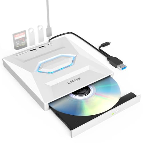 UNITEK Unidad Externa de CD y DVD,USB C portátil CD/DVD +/-RW,Reproductor de DVD con Lector de Tarjetas SD,USB 3.0, USB C,grabadora de CD ROM Compatible con Laptop,PC,Windows,Linux,OS, Surface