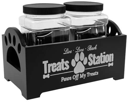 Hundefutter Behälter 2 Vorratsflaschen Leckerlidose für Hunde Holz PP Trockenfutter Aufbewahrung mit 1 Lagerregal Hundeleckerli Box Stark Aufbewahrungsbehälter Vorratsbehälter für Hunde (Schwarz)